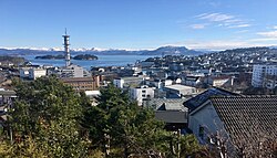 Panorama view of central Leirvik town on Stord Island, Norway (seen from Lønningsåsen) 2018-03-13 A